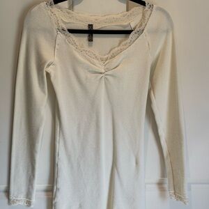 Free People Cream Lace-Trim Long Sleeve Tee
